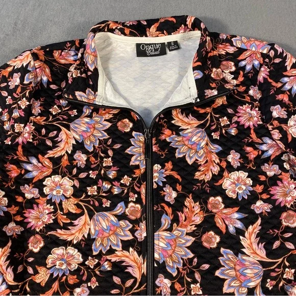Onque Casual Women’s Black Floral Jacket, Zip front, long sleeves, pockets,sizes - Picture 2 of 9